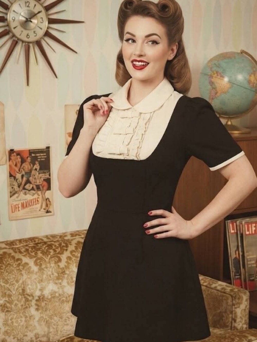 Black Dress with Cream Bib Collar - Retro-Inspired Women's Dress
